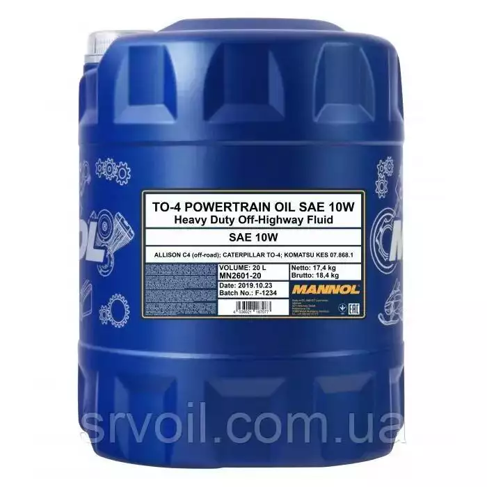 Олива гідравлічна MANNOL TO-4 Powertrain Oil 10W 20л MN2601-20