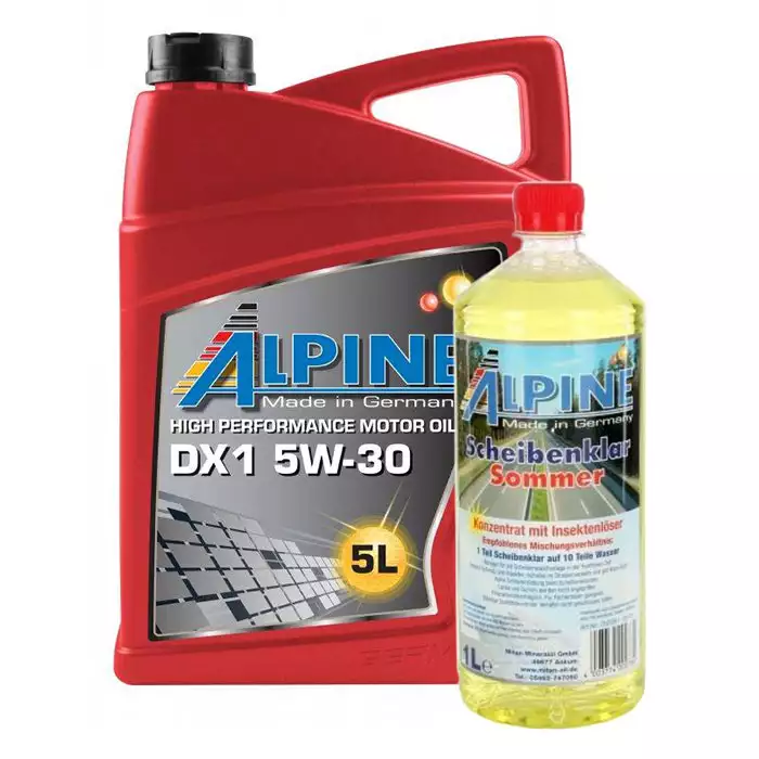 Комплект моторна олива ALPINE 5W-30 DX1 5л + омивач скла Scheibenklar Sommer 1л