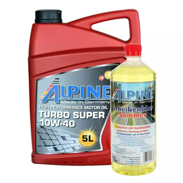 Комплект моторна олива ALPINE 10W-40 Turbo Super SHPD 5л + омивач скла Scheibenklar Sommer 1л