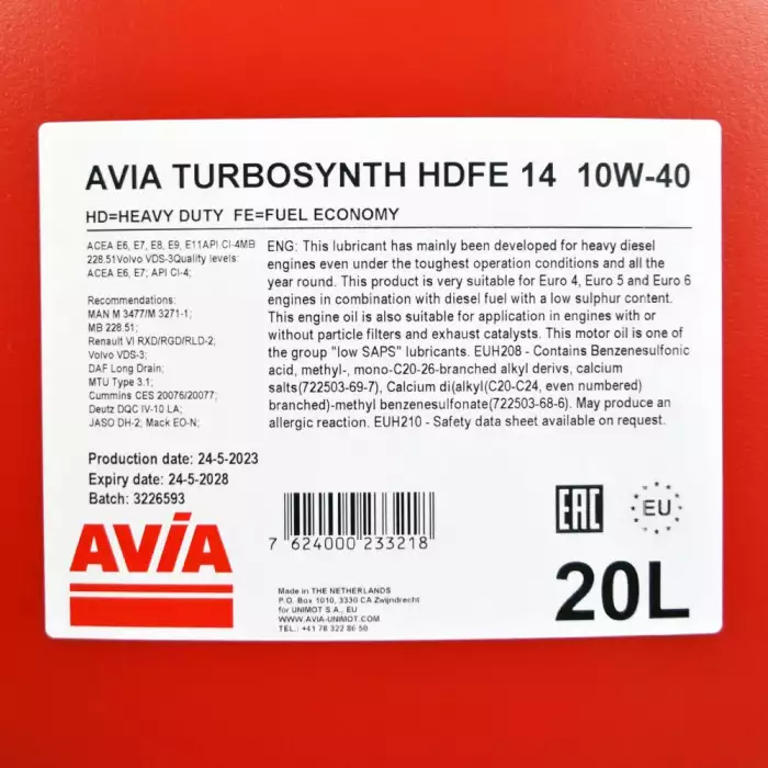 Автомобільна моторна олива AVIA TURBOSYNTH HDFE 14 10W40 20л avia0064
