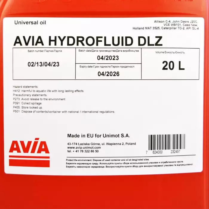 Олива трансмісійна AVIA Hydrofluid DLZ (UTTO) 20л avia0085