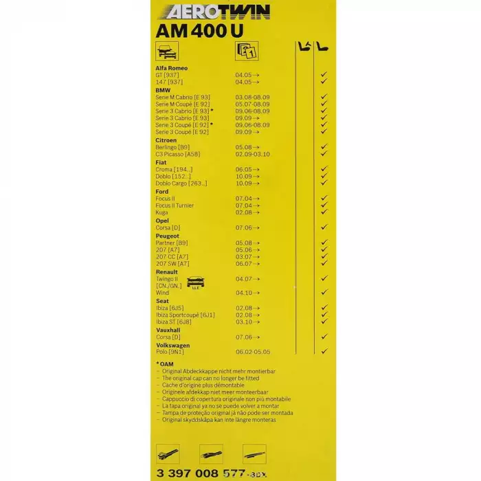 Щітка склоочисника Bosch AeroTwin Multi-Clip AM400U безкаркасні 400мм 3397008577