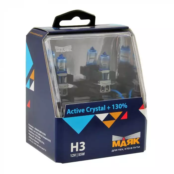 Автолампа МАЯК Active Crystal +130% комплект (PK22s, H3, 4000K, 12V, 55W) MK 72320AC+130