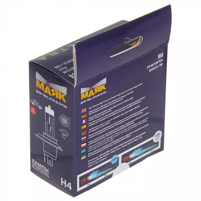 Автолампа МАЯК Ultra Super Light +100% комплект (P43t, H4, 12V, 60/55W) MK 82420SL+100