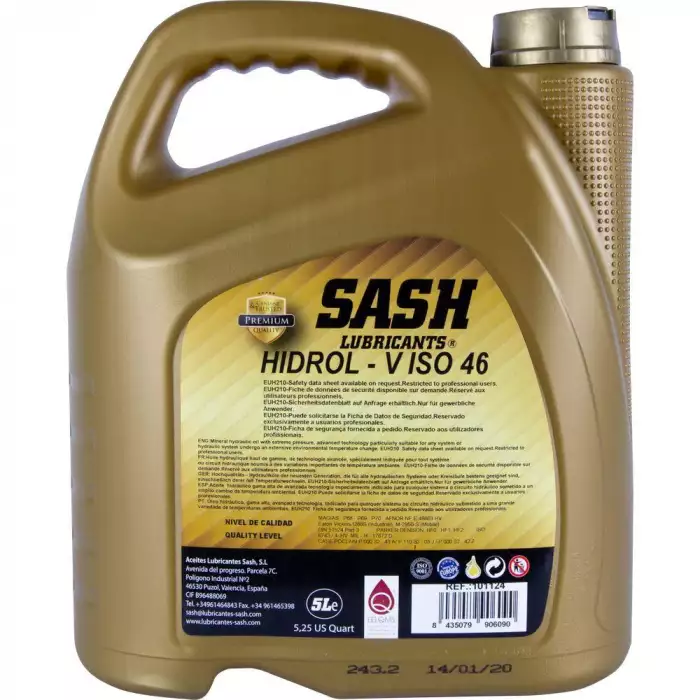Индустриальное гидравлическое масло SASH HIDROL V ISO46 DIN 51524 Part3 HVLP 5л 101124
