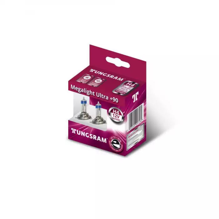 Автолампа TUNGSRAM Megalight Ultra +90 комплект (P43t, H4, 12V, 60/55W) TU 50440SXU.2D
