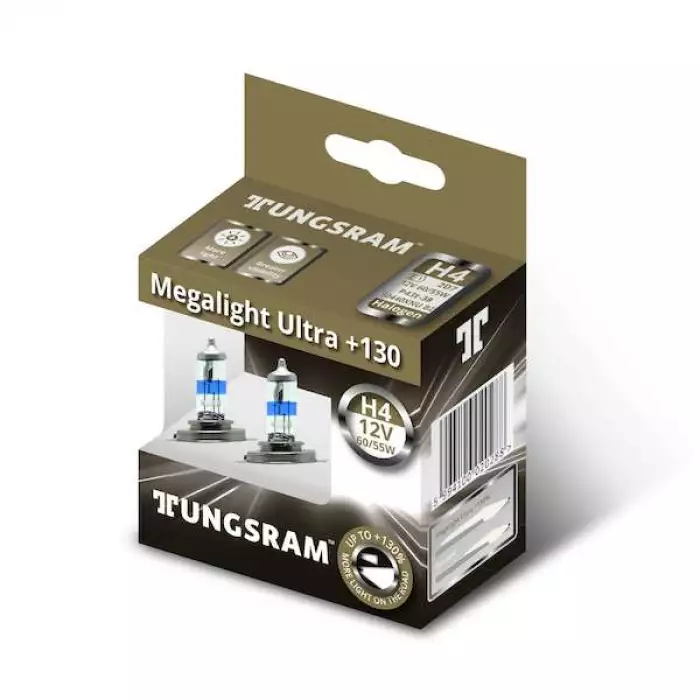 Автолампа TUNGSRAM Megalight Ultra +130 комплект (P43t, H4, 12V, 60/55W) TU 50440SNU.2D