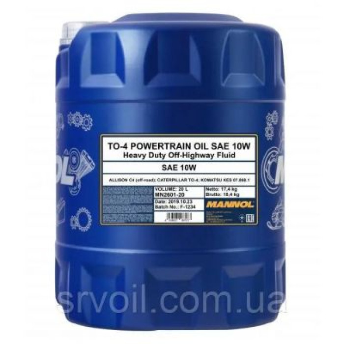 Олива гідравлічна MANNOL TO-4 Powertrain Oil 10W 20л MN2601-20