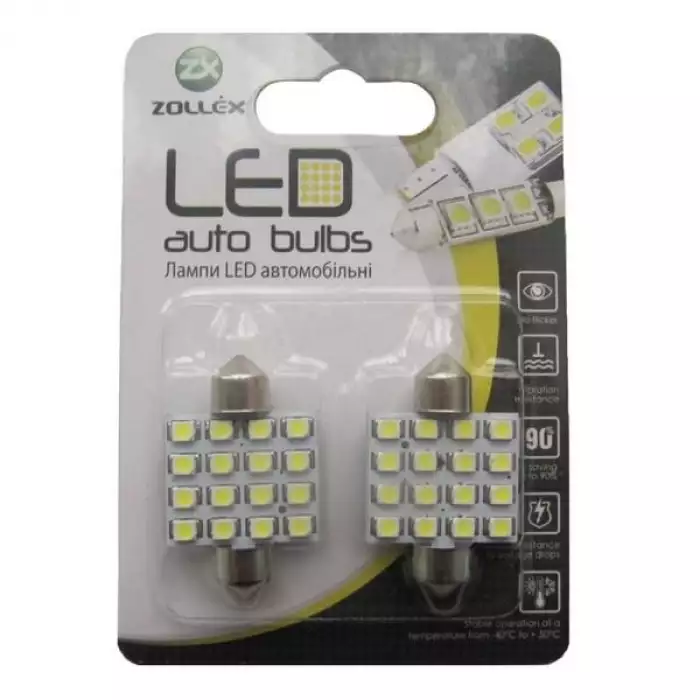 Автолампа Zollex LED V2207 1шт. (Фестони / 36мм, білий, 12V, SMD 2835x16)