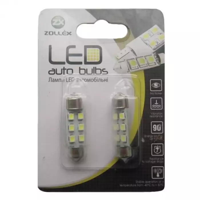 Автолампа Zollex LED V2218 1шт. (Festoon/36mm, white, 12V, SMD 2835x6)