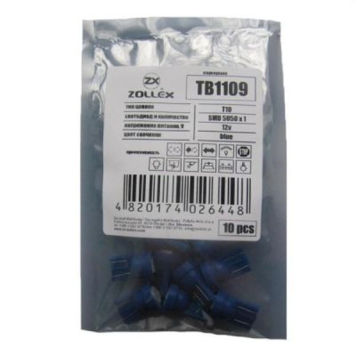 Автолампа Zollex LED TB1109 1шт. (T10, blue, 12V, SMD 5050x1)